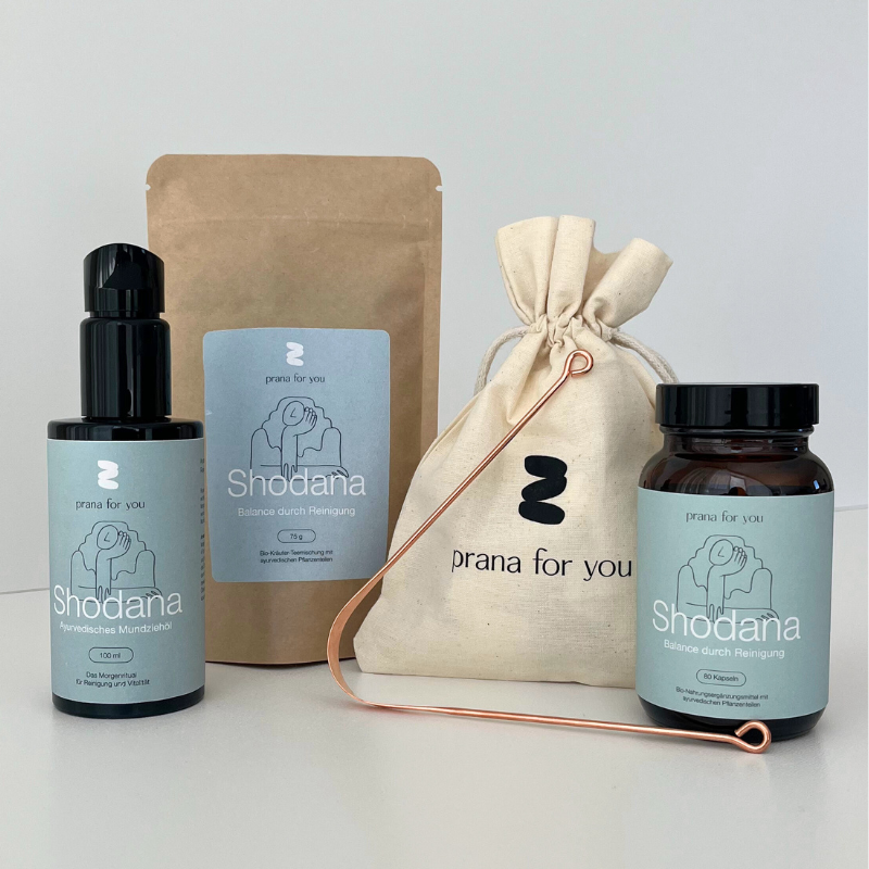 Detox-Set: BIO Shodana Nahrungsergänzung & Kräutertee + Mundziehöl & Zungenschaber
