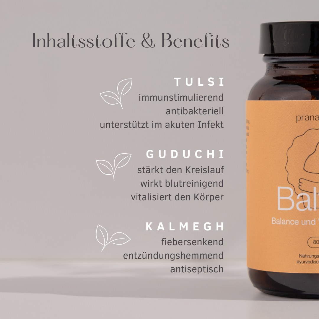 Inhaltsstoffe & Benefits:
Tulsi: immunstimulierend, antibakteriell, unterstützt im akuten Infekt
Guduchi: stärkt den Kreislauf, wirkt blutreinigend, vitalisiert den Körper
Kalmegh: fiebersenkend, entzündungshemmend, antiseptisch