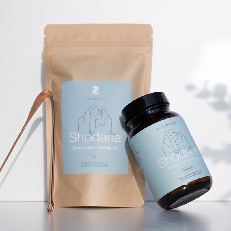Detox Set mit Shodana Bio-Kräutertee, ayurvedischer Nahrungsergänzung und Zungenschaber 
