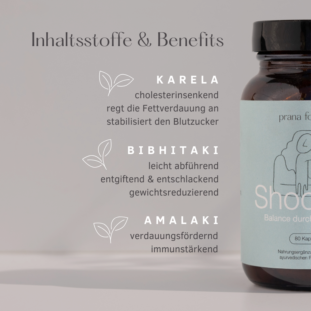 Inhaltsstoffe & Benefits
Karela: cholesterinsenkend, regt die Fettverdauung an, stabilisiert den Blutzucker
Bibhitaki: entgiftend & entschlacken, antiparasitär, gewichtsreduzierend
Amalaki: verdauungsfördernd, immunstärkend
